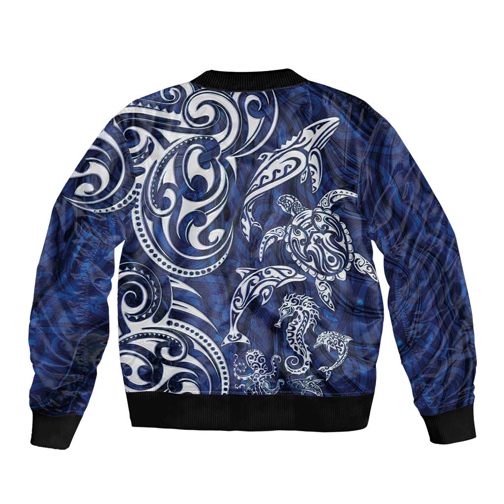 New Zealand Connecting with Seas Bomber Jacket Maori Tribal and Sea Animals Tattoo - White Glass Style LT03 - Polynesian Pride
