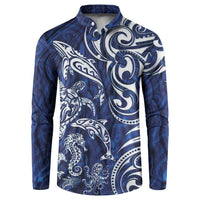 New Zealand Connecting with Seas Button Sweatshirt Maori Tribal and Sea Animals Tattoo - White Glass Style LT03 Navy - Polynesian Pride