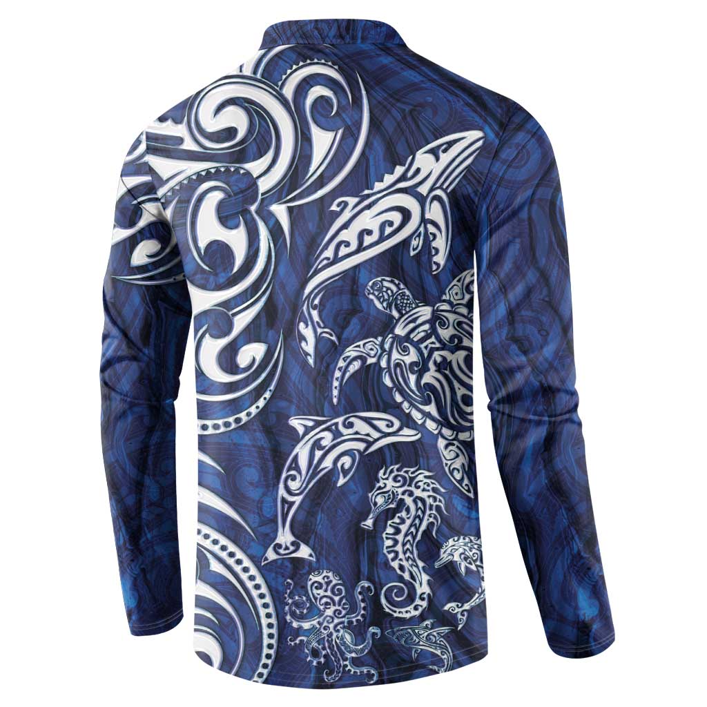 New Zealand Connecting with Seas Button Sweatshirt Maori Tribal and Sea Animals Tattoo - White Glass Style LT03 - Polynesian Pride