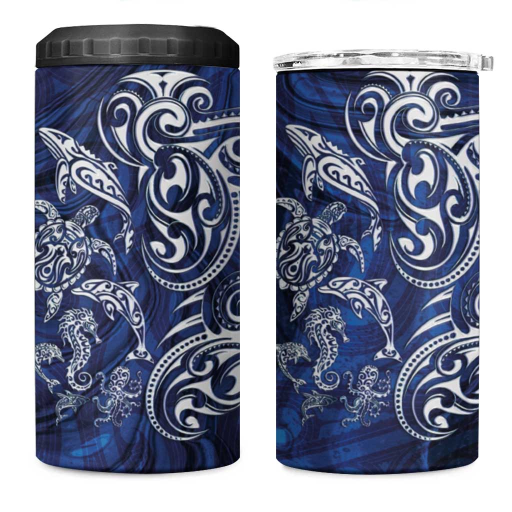 New Zealand Connecting with Seas 4 in 1 Can Cooler Tumbler Maori Tribal and Sea Animals Tattoo - White Glass Style LT03 One Size: 16 oz Navy - Polynesian Pride