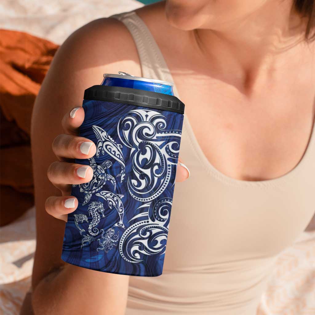 New Zealand Connecting with Seas 4 in 1 Can Cooler Tumbler Maori Tribal and Sea Animals Tattoo - White Glass Style LT03 - Polynesian Pride