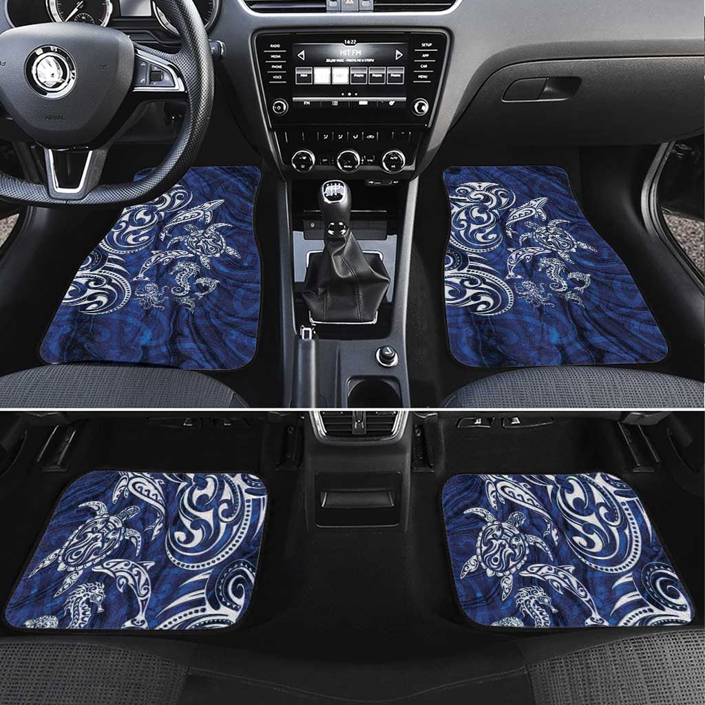 New Zealand Connecting with Seas Car Mats Maori Tribal and Sea Animals Tattoo - White Glass Style LT03 Set 4pcs Navy - Polynesian Pride