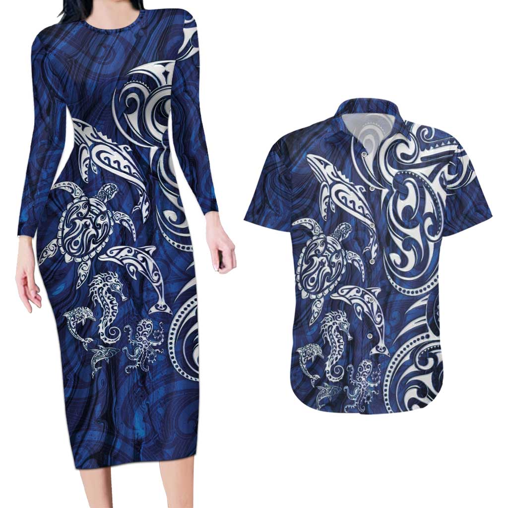 New Zealand Connecting with Seas Couples Matching Long Sleeve Bodycon Dress and Hawaiian Shirt Maori Tribal and Sea Animals Tattoo - White Glass Style LT03 Navy - Polynesian Pride