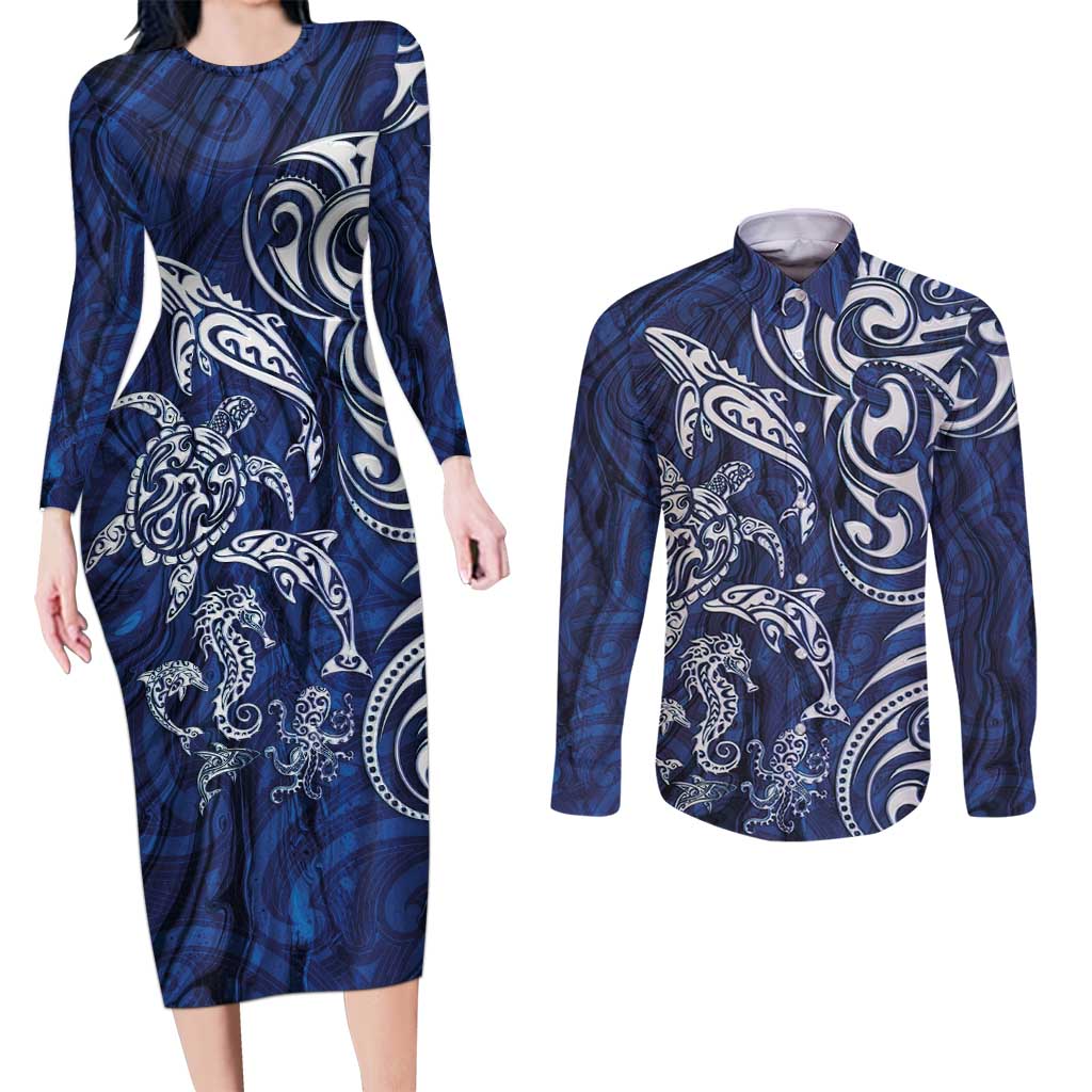 New Zealand Connecting with Seas Couples Matching Long Sleeve Bodycon Dress and Long Sleeve Button Shirt Maori Tribal and Sea Animals Tattoo - White Glass Style LT03 Navy - Polynesian Pride