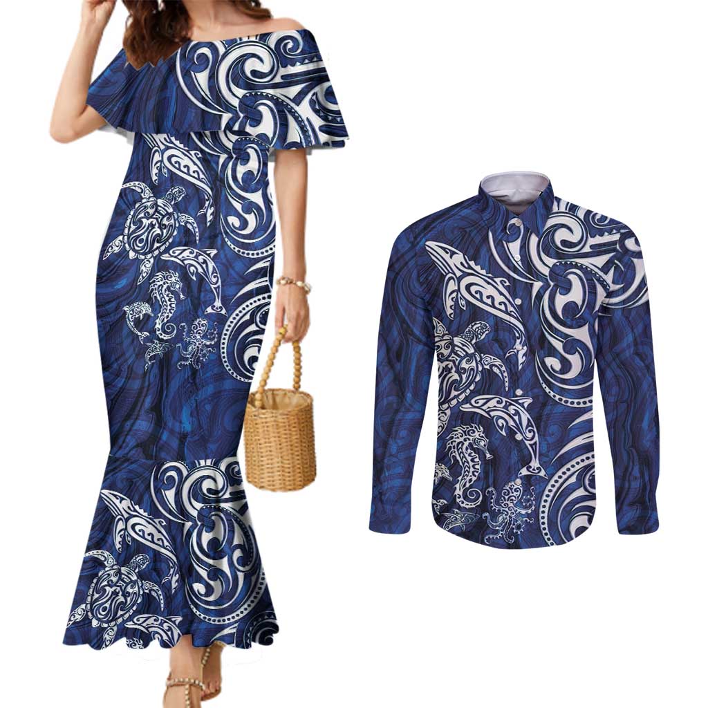 New Zealand Connecting with Seas Couples Matching Mermaid Dress and Long Sleeve Button Shirt Maori Tribal and Sea Animals Tattoo - White Glass Style LT03 Navy - Polynesian Pride