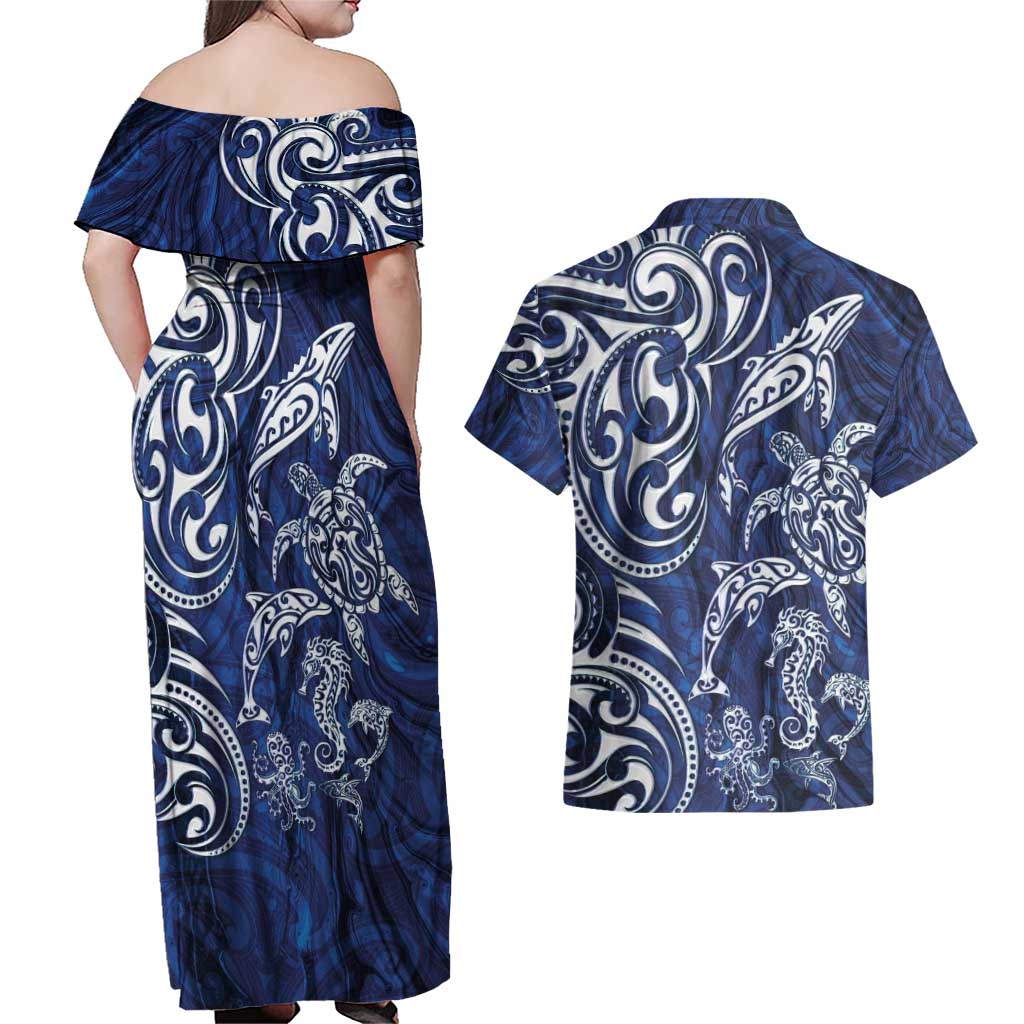 New Zealand Connecting with Seas Couples Matching Off Shoulder Maxi Dress and Hawaiian Shirt Maori Tribal and Sea Animals Tattoo - White Glass Style LT03 - Polynesian Pride