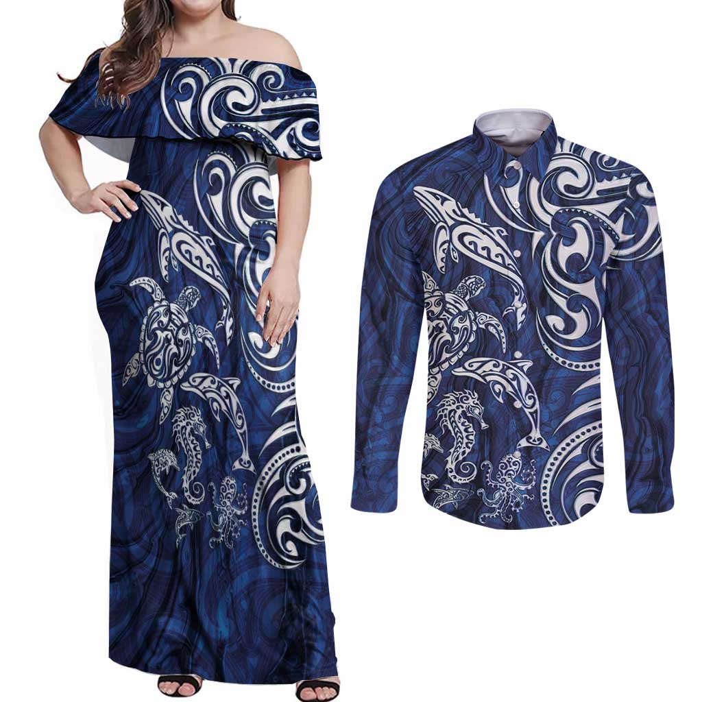 New Zealand Connecting with Seas Couples Matching Off Shoulder Maxi Dress and Long Sleeve Button Shirt Maori Tribal and Sea Animals Tattoo - White Glass Style LT03 Navy - Polynesian Pride