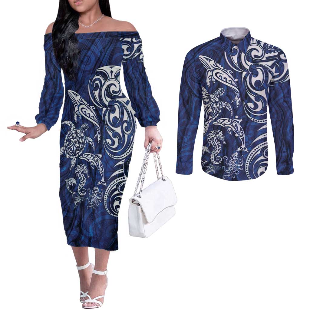 New Zealand Connecting with Seas Couples Matching Off The Shoulder Long Sleeve Dress and Long Sleeve Button Shirt Maori Tribal and Sea Animals Tattoo - White Glass Style LT03 Navy - Polynesian Pride