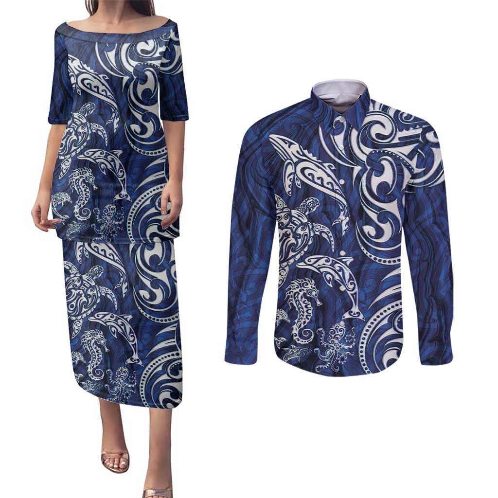 New Zealand Connecting with Seas Couples Matching Puletasi and Long Sleeve Button Shirt Maori Tribal and Sea Animals Tattoo - White Glass Style LT03 Navy - Polynesian Pride