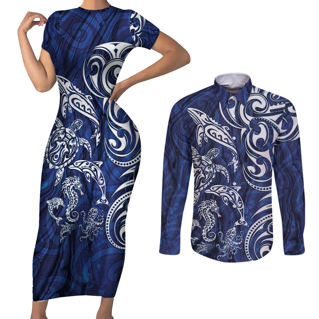 New Zealand Connecting with Seas Couples Matching Short Sleeve Bodycon Dress and Long Sleeve Button Shirt Maori Tribal and Sea Animals Tattoo - White Glass Style LT03 Navy - Polynesian Pride