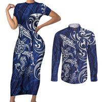 New Zealand Connecting with Seas Couples Matching Short Sleeve Bodycon Dress and Long Sleeve Button Shirt Maori Tribal and Sea Animals Tattoo - White Glass Style LT03 Navy - Polynesian Pride