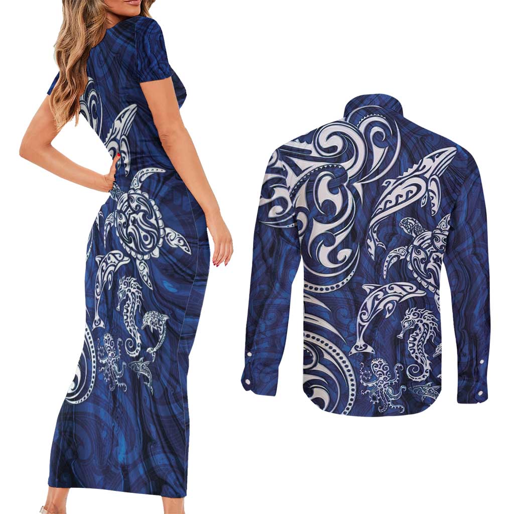 New Zealand Connecting with Seas Couples Matching Short Sleeve Bodycon Dress and Long Sleeve Button Shirt Maori Tribal and Sea Animals Tattoo - White Glass Style LT03 - Polynesian Pride