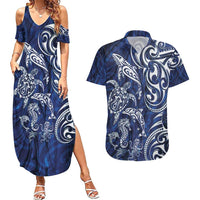 New Zealand Connecting with Seas Couples Matching Summer Maxi Dress and Hawaiian Shirt Maori Tribal and Sea Animals Tattoo - White Glass Style LT03 Navy - Polynesian Pride