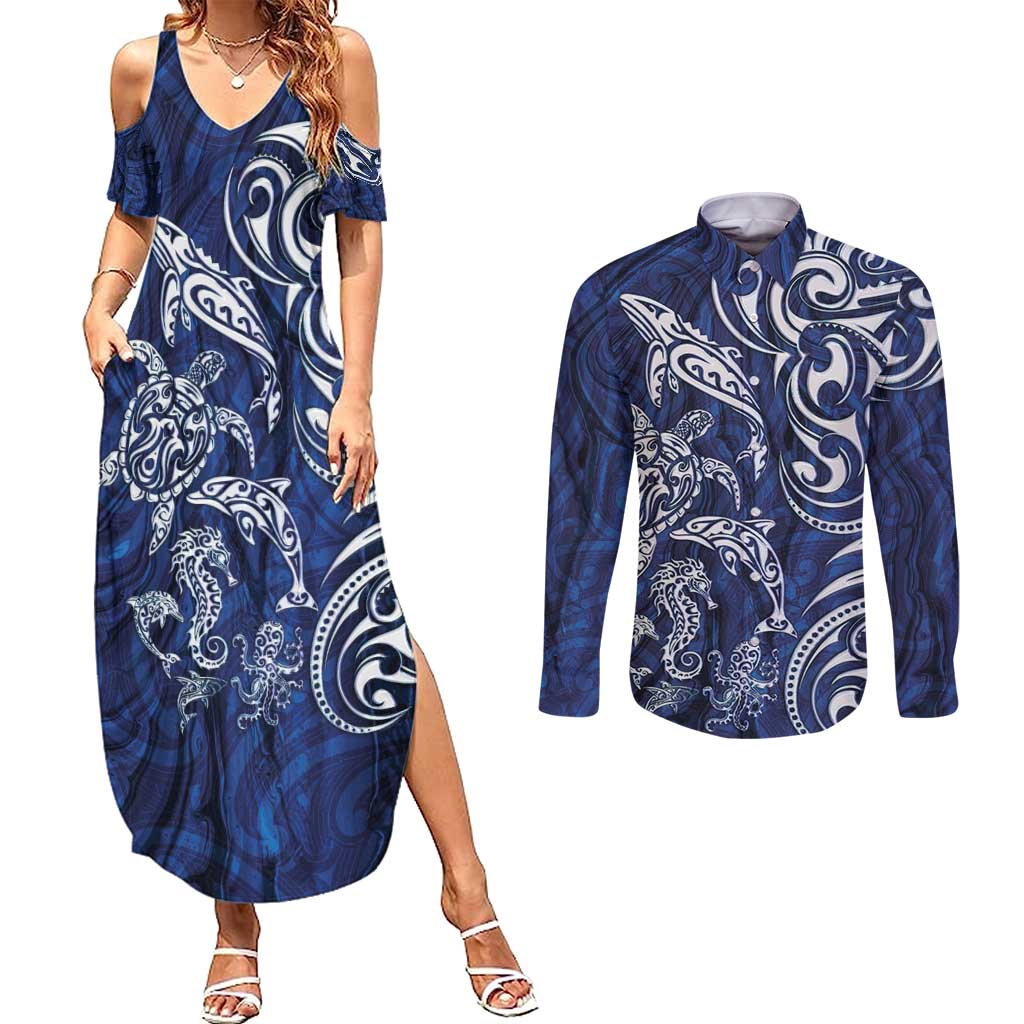 New Zealand Connecting with Seas Couples Matching Summer Maxi Dress and Long Sleeve Button Shirt Maori Tribal and Sea Animals Tattoo - White Glass Style LT03 Navy - Polynesian Pride