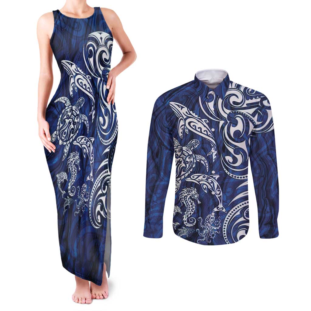 New Zealand Connecting with Seas Couples Matching Tank Maxi Dress and Long Sleeve Button Shirt Maori Tribal and Sea Animals Tattoo - White Glass Style LT03 Navy - Polynesian Pride