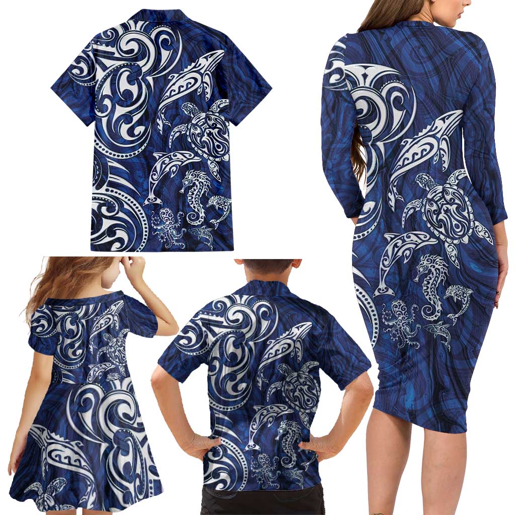 New Zealand Connecting with Seas Family Matching Long Sleeve Bodycon Dress and Hawaiian Shirt Maori Tribal and Sea Animals Tattoo - White Glass Style LT03 - Polynesian Pride