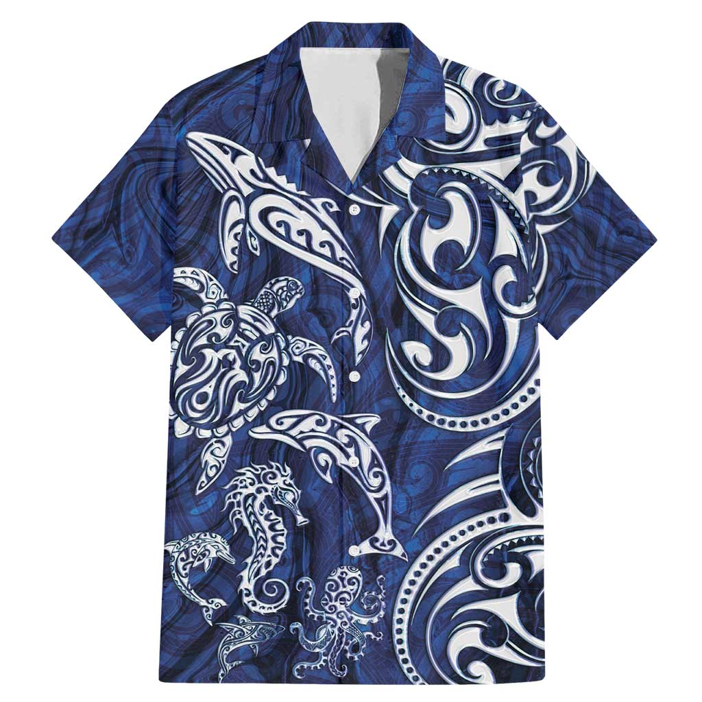 New Zealand Connecting with Seas Family Matching Mermaid Dress and Hawaiian Shirt Maori Tribal and Sea Animals Tattoo - White Glass Style LT03 Dad's Shirt - Short Sleeve Navy - Polynesian Pride