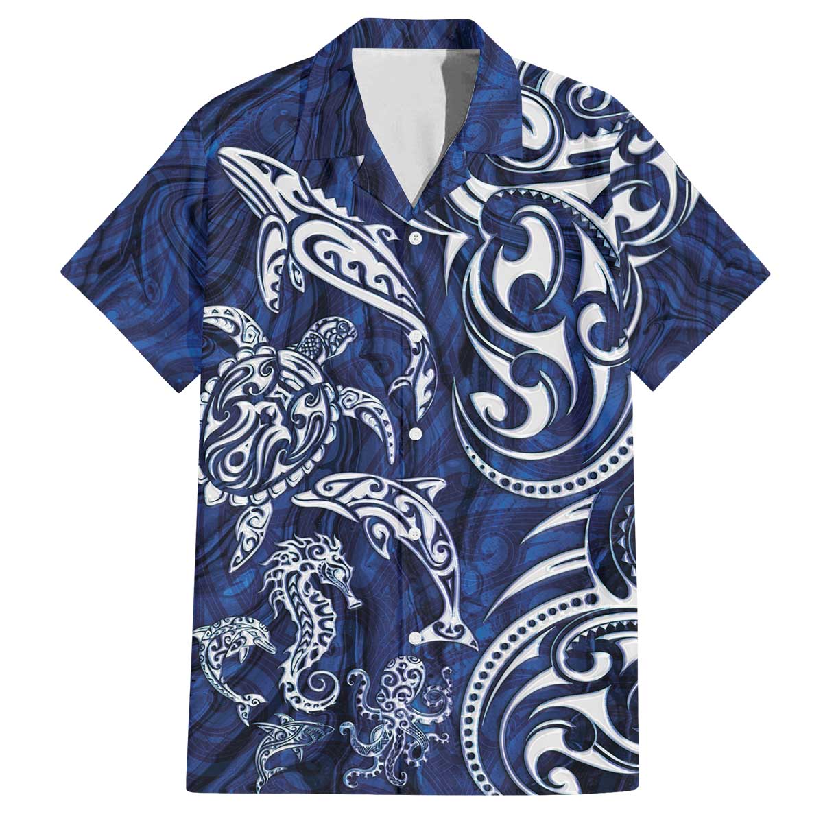 New Zealand Connecting with Seas Family Matching Off The Shoulder Long Sleeve Dress and Hawaiian Shirt Maori Tribal and Sea Animals Tattoo - White Glass Style LT03 Dad's Shirt - Short Sleeve Navy - Polynesian Pride