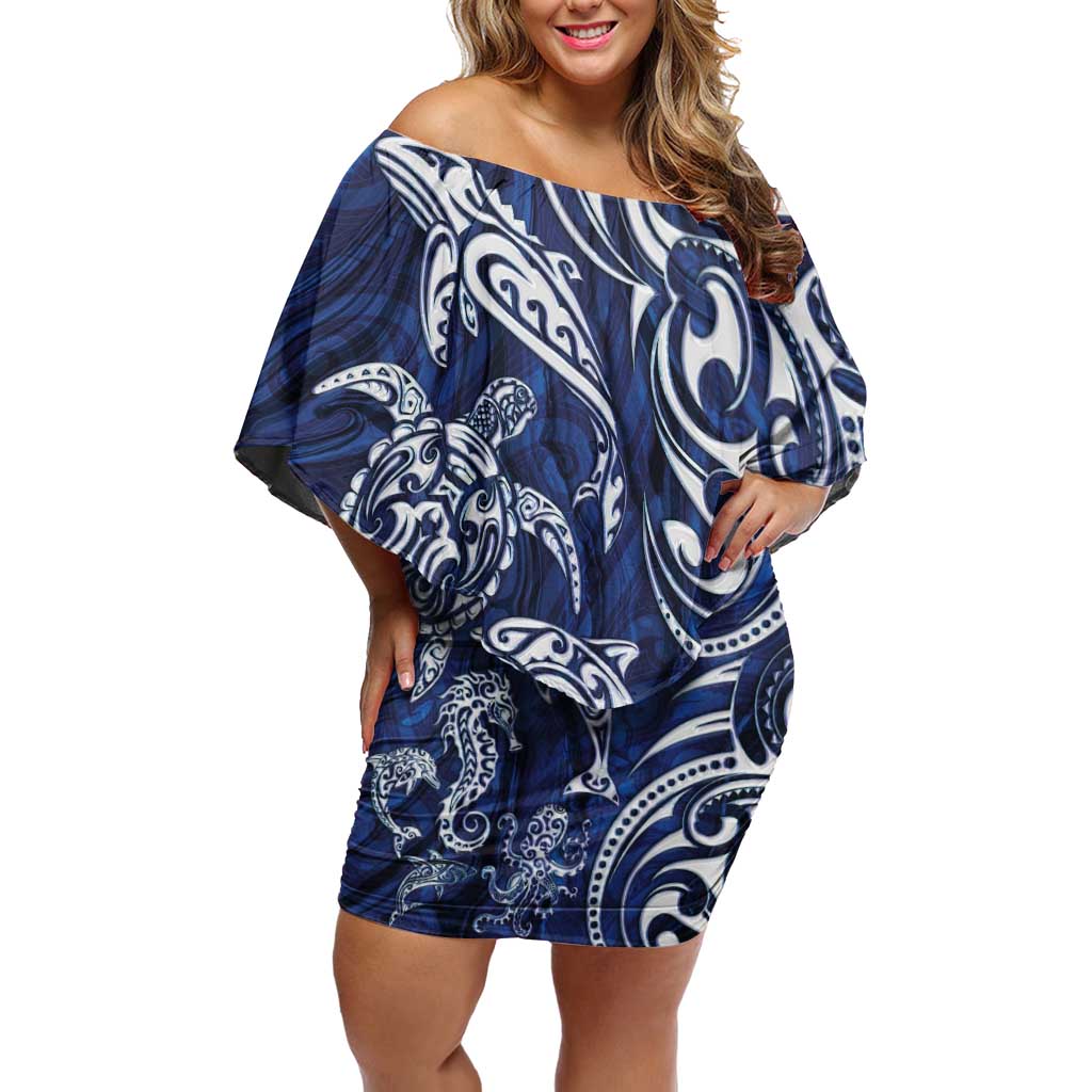 New Zealand Connecting with Seas Family Matching Off Shoulder Short Dress and Hawaiian Shirt Maori Tribal and Sea Animals Tattoo - White Glass Style LT03 Mom's Dress Navy - Polynesian Pride