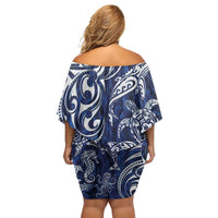 New Zealand Connecting with Seas Family Matching Off Shoulder Short Dress and Hawaiian Shirt Maori Tribal and Sea Animals Tattoo - White Glass Style LT03 - Polynesian Pride