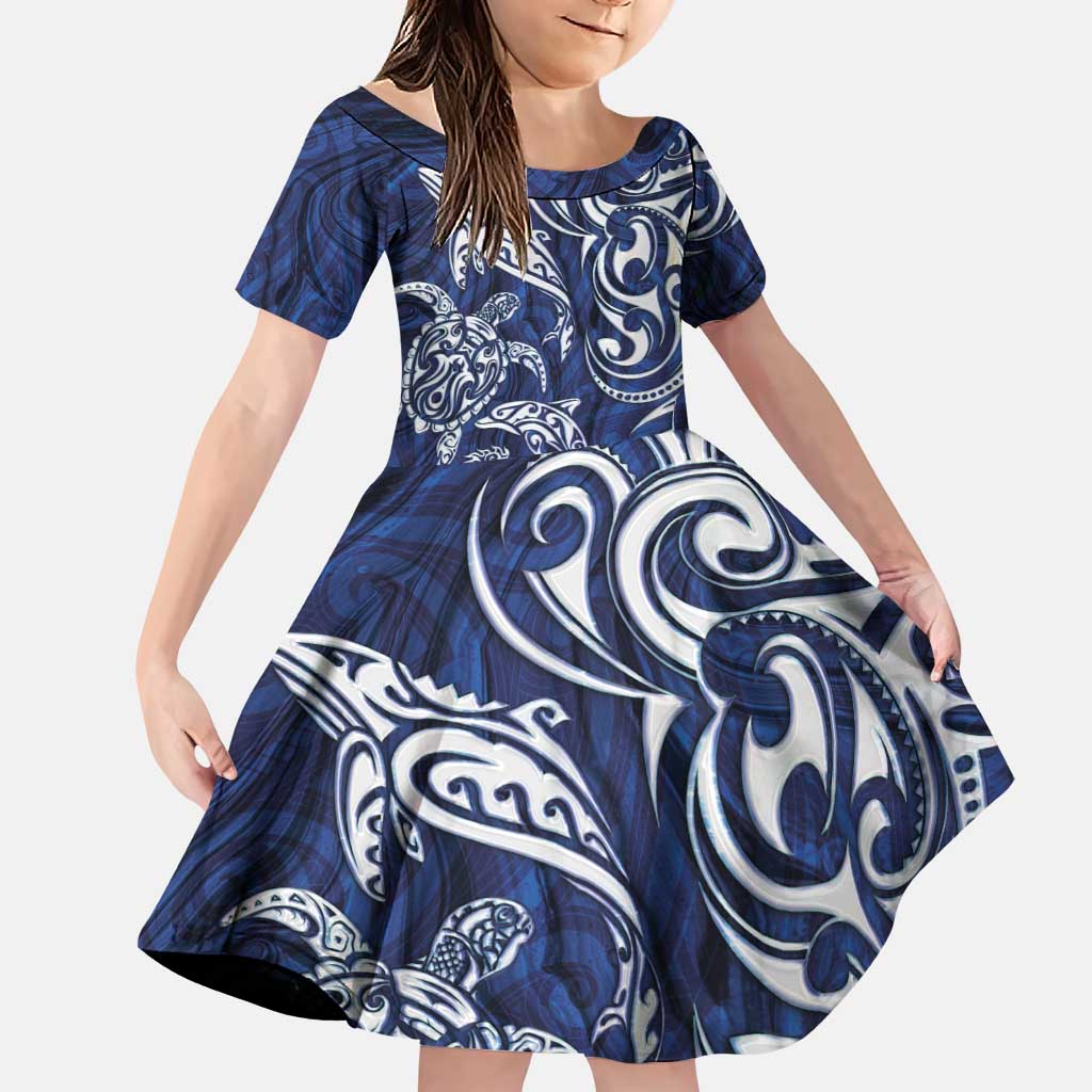 New Zealand Connecting with Seas Family Matching Puletasi and Hawaiian Shirt Maori Tribal and Sea Animals Tattoo - White Glass Style LT03 Daughter's Dress Navy - Polynesian Pride