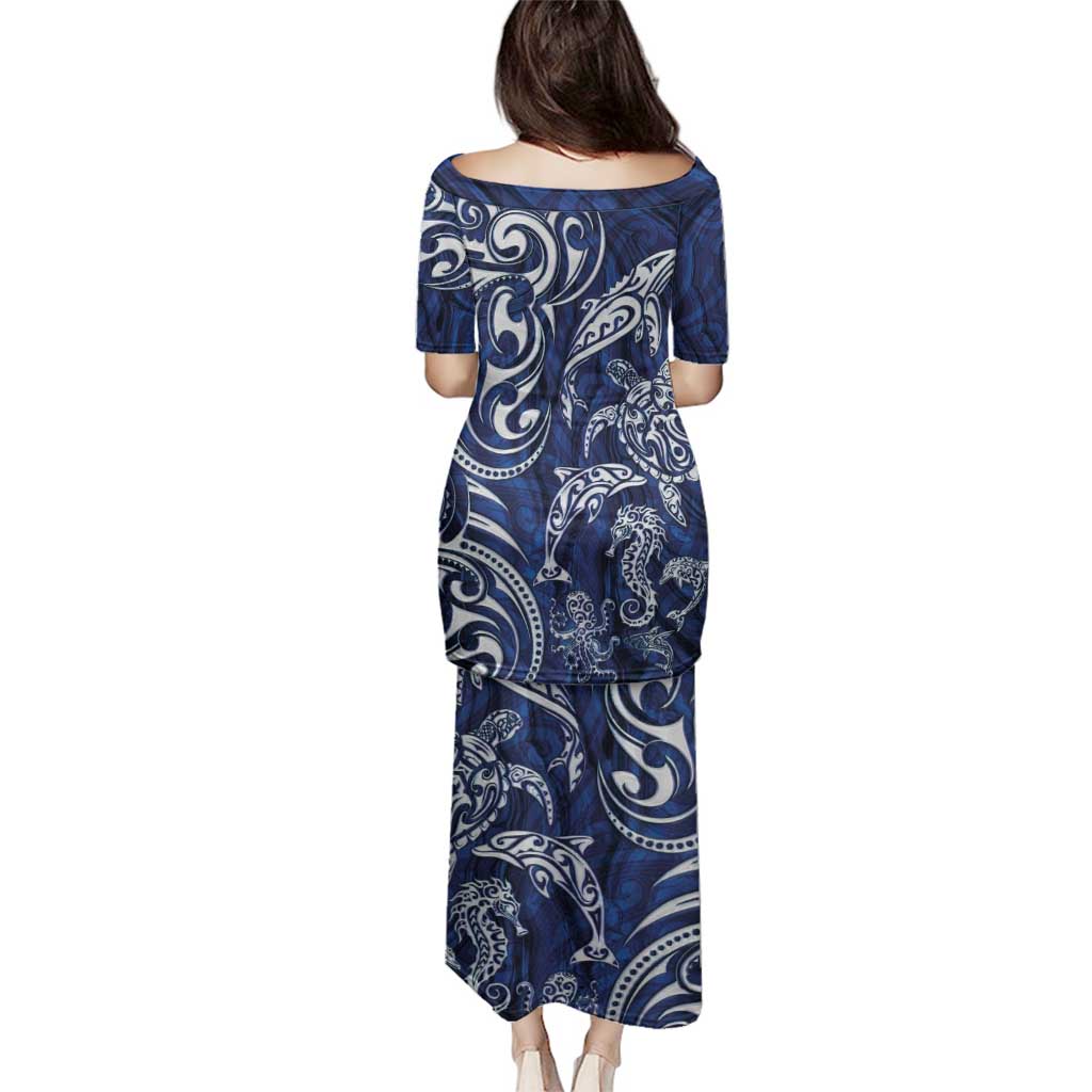 New Zealand Connecting with Seas Family Matching Puletasi and Hawaiian Shirt Maori Tribal and Sea Animals Tattoo - White Glass Style LT03 - Polynesian Pride