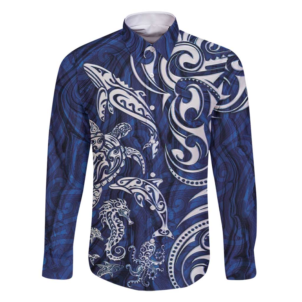 New Zealand Connecting with Seas Family Matching Short Sleeve Bodycon Dress and Hawaiian Shirt Maori Tribal and Sea Animals Tattoo - White Glass Style LT03 Dad's Shirt - Long Sleeve Navy - Polynesian Pride