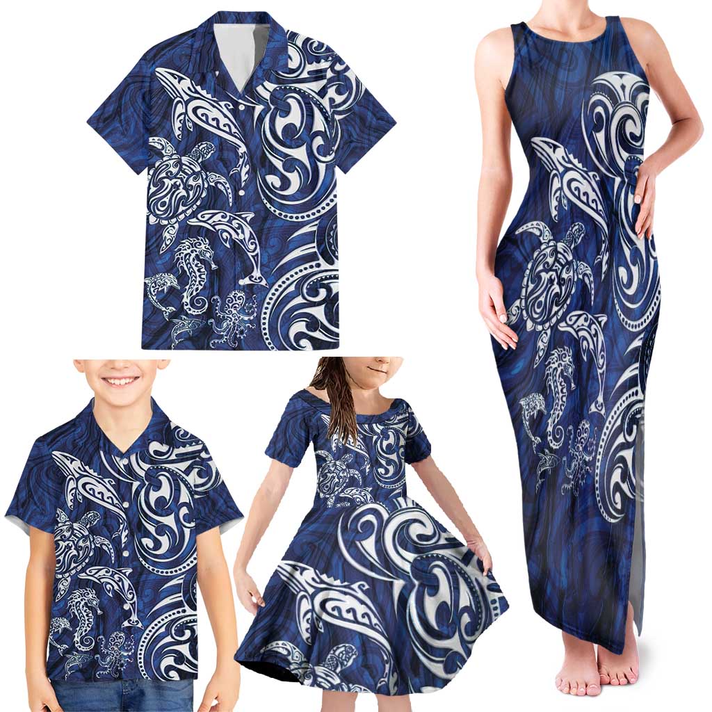 New Zealand Connecting with Seas Family Matching Tank Maxi Dress and Hawaiian Shirt Maori Tribal and Sea Animals Tattoo - White Glass Style LT03 - Polynesian Pride