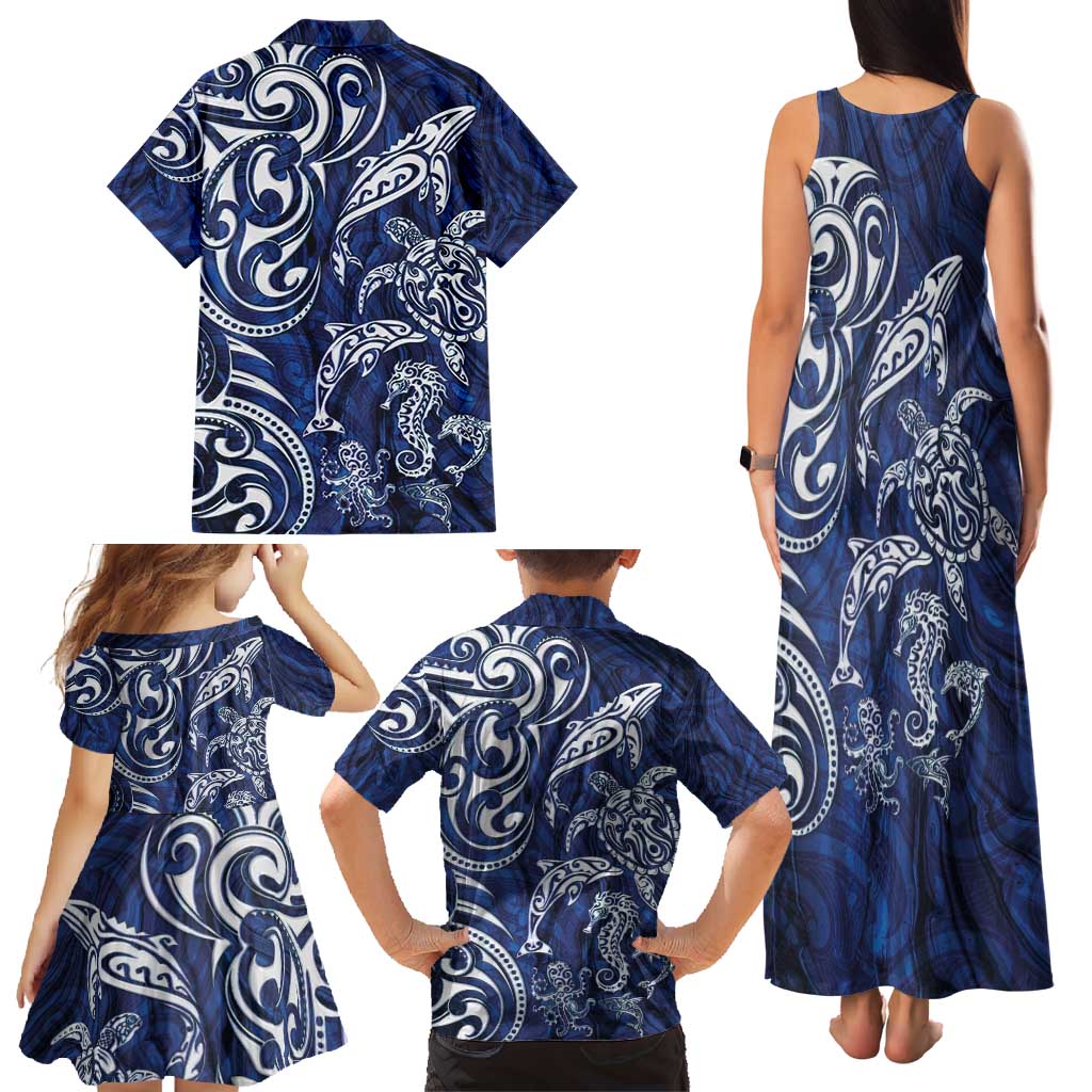 New Zealand Connecting with Seas Family Matching Tank Maxi Dress and Hawaiian Shirt Maori Tribal and Sea Animals Tattoo - White Glass Style LT03 - Polynesian Pride