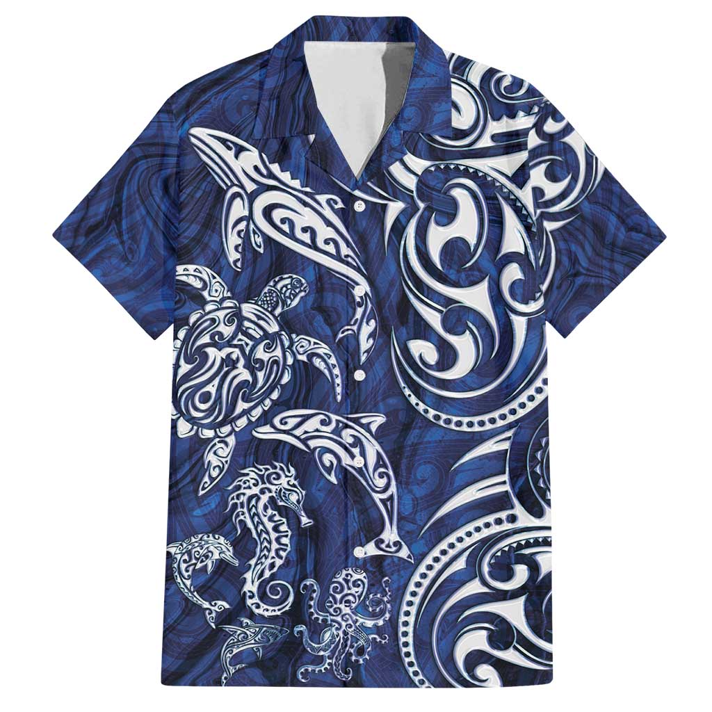 New Zealand Connecting with Seas Family Matching Tank Maxi Dress and Hawaiian Shirt Maori Tribal and Sea Animals Tattoo - White Glass Style LT03 Dad's Shirt - Short Sleeve Navy - Polynesian Pride