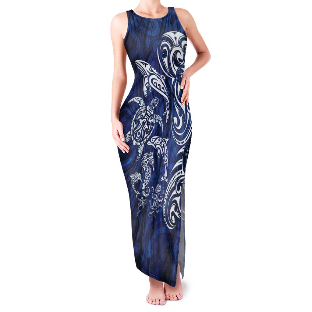 New Zealand Connecting with Seas Family Matching Tank Maxi Dress and Hawaiian Shirt Maori Tribal and Sea Animals Tattoo - White Glass Style LT03 Mom's Dress Navy - Polynesian Pride