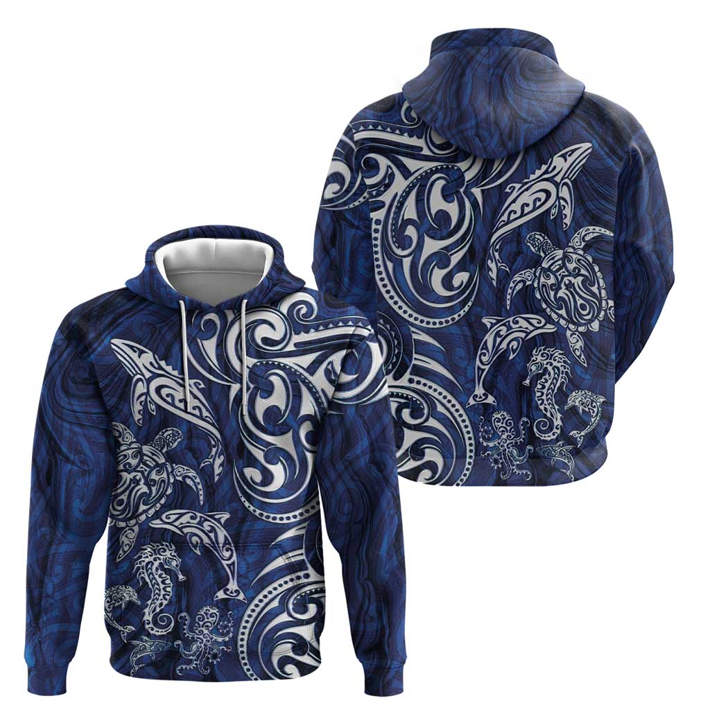 New Zealand Connecting with Seas Hoodie Maori Tribal and Sea Animals Tattoo - White Glass Style LT03 - Polynesian Pride