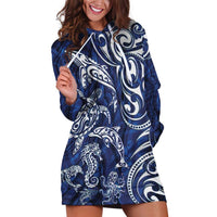 New Zealand Connecting with Seas Hoodie Dress Maori Tribal and Sea Animals Tattoo - White Glass Style LT03 Navy - Polynesian Pride