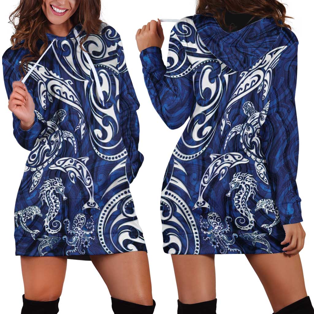 New Zealand Connecting with Seas Hoodie Dress Maori Tribal and Sea Animals Tattoo - White Glass Style LT03 - Polynesian Pride