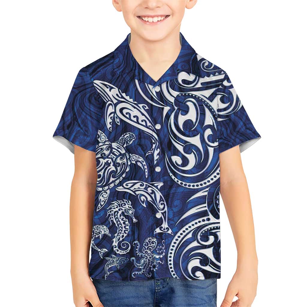 New Zealand Connecting with Seas Kid Hawaiian Shirt Maori Tribal and Sea Animals Tattoo - White Glass Style LT03 Kid Navy - Polynesian Pride