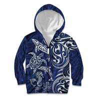 New Zealand Connecting with Seas Kid Hoodie Maori Tribal and Sea Animals Tattoo - White Glass Style LT03 Zip Hoodie Navy - Polynesian Pride