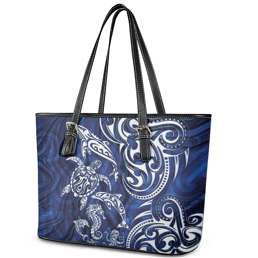 New Zealand Connecting with Seas Leather Tote Bag Maori Tribal and Sea Animals Tattoo - White Glass Style LT03 - Polynesian Pride