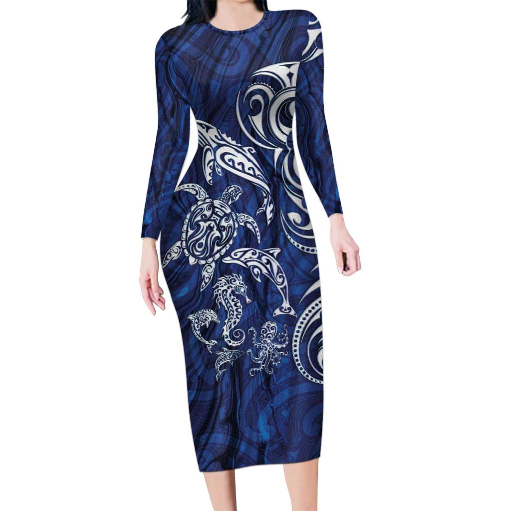New Zealand Connecting with Seas Long Sleeve Bodycon Dress Maori Tribal and Sea Animals Tattoo - White Glass Style LT03 Long Dress Navy - Polynesian Pride