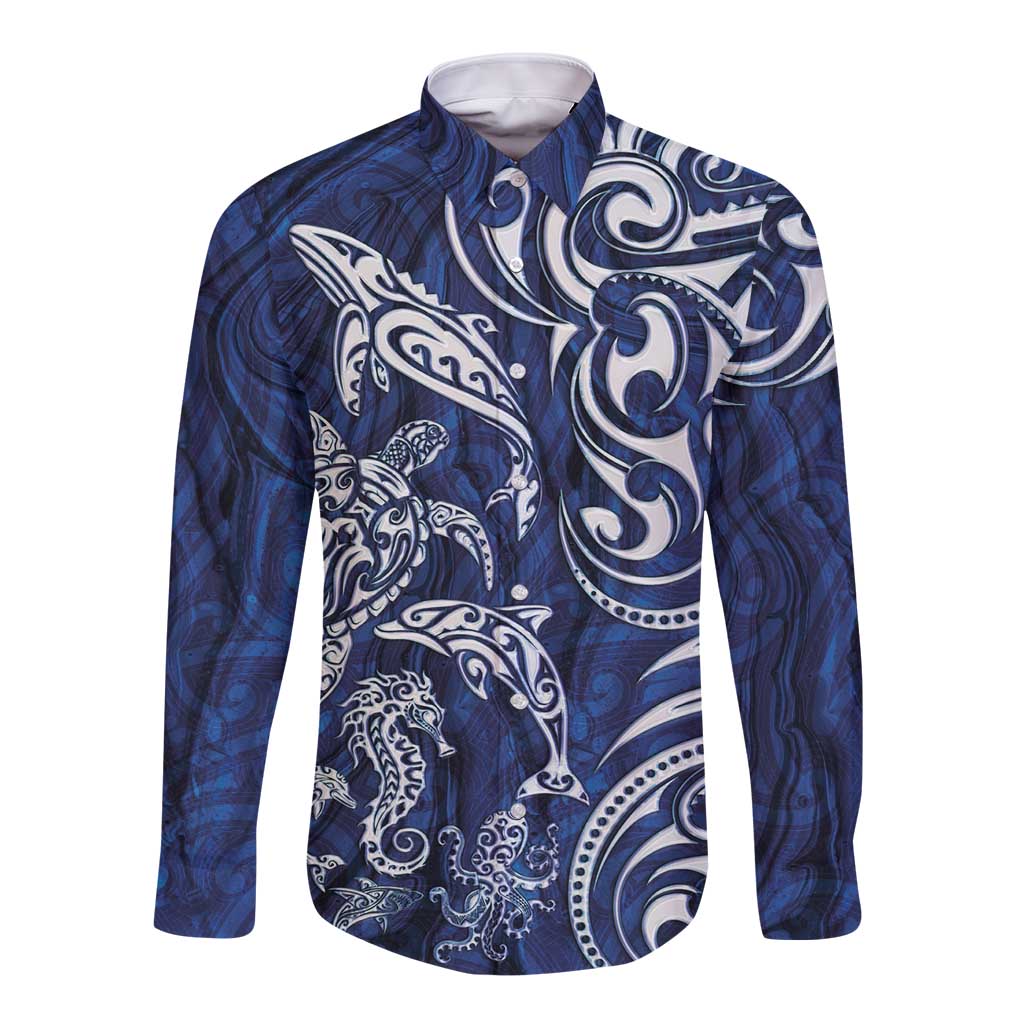 New Zealand Connecting with Seas Long Sleeve Button Shirt Maori Tribal and Sea Animals Tattoo - White Glass Style LT03 Unisex Navy - Polynesian Pride