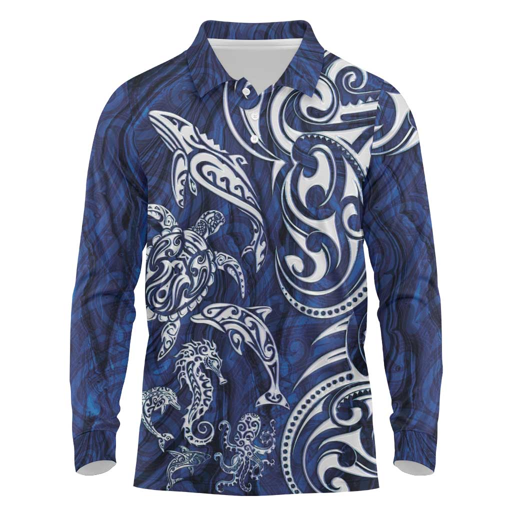 New Zealand Connecting with Seas Long Sleeve Polo Shirt Maori Tribal and Sea Animals Tattoo - White Glass Style LT03 Navy - Polynesian Pride
