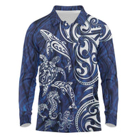 New Zealand Connecting with Seas Long Sleeve Polo Shirt Maori Tribal and Sea Animals Tattoo - White Glass Style LT03 Navy - Polynesian Pride