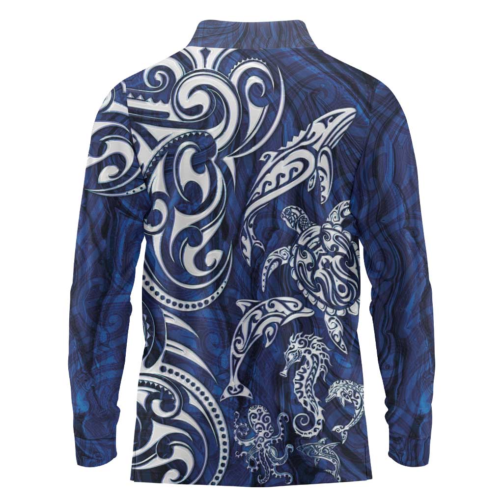 New Zealand Connecting with Seas Long Sleeve Polo Shirt Maori Tribal and Sea Animals Tattoo - White Glass Style LT03 - Polynesian Pride