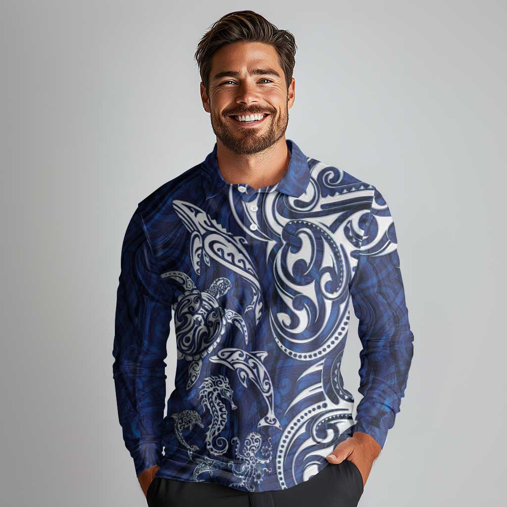 New Zealand Connecting with Seas Long Sleeve Polo Shirt Maori Tribal and Sea Animals Tattoo - White Glass Style LT03 - Polynesian Pride