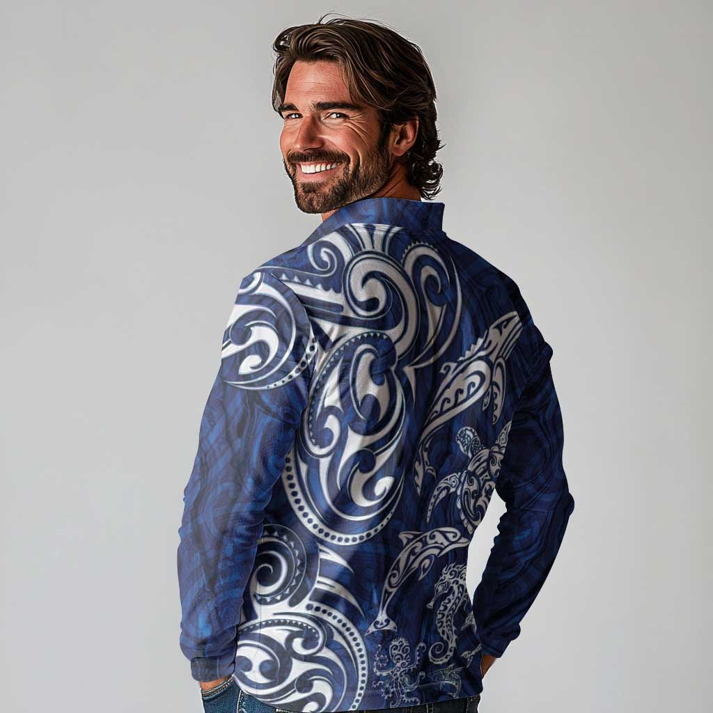 New Zealand Connecting with Seas Long Sleeve Polo Shirt Maori Tribal and Sea Animals Tattoo - White Glass Style LT03 - Polynesian Pride