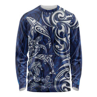 New Zealand Connecting with Seas Long Sleeve Shirt Maori Tribal and Sea Animals Tattoo - White Glass Style LT03 Unisex Navy - Polynesian Pride