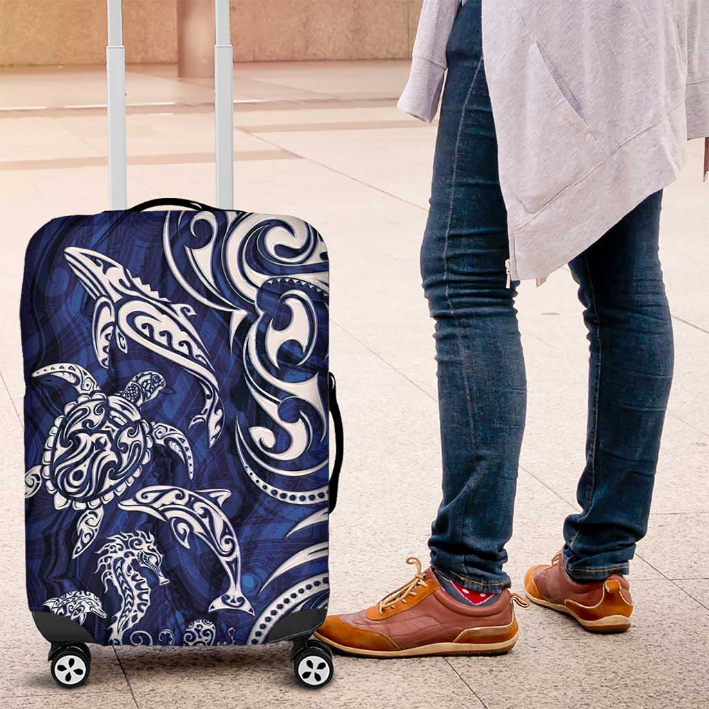 New Zealand Connecting with Seas Luggage Cover Maori Tribal and Sea Animals Tattoo - White Glass Style