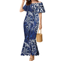 New Zealand Connecting with Seas Mermaid Dress Maori Tribal and Sea Animals Tattoo - White Glass Style LT03 Women Navy - Polynesian Pride