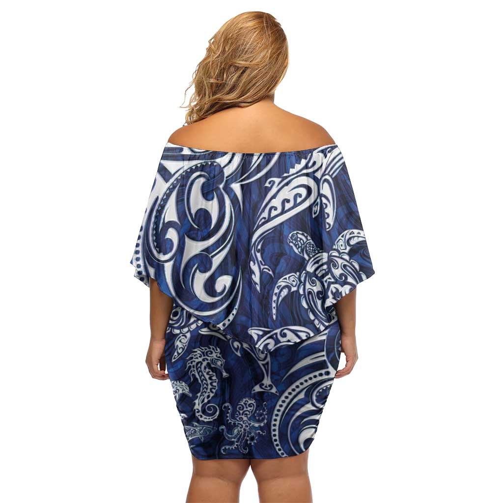 New Zealand Connecting with Seas Off Shoulder Short Dress Maori Tribal and Sea Animals Tattoo - White Glass Style LT03 - Polynesian Pride