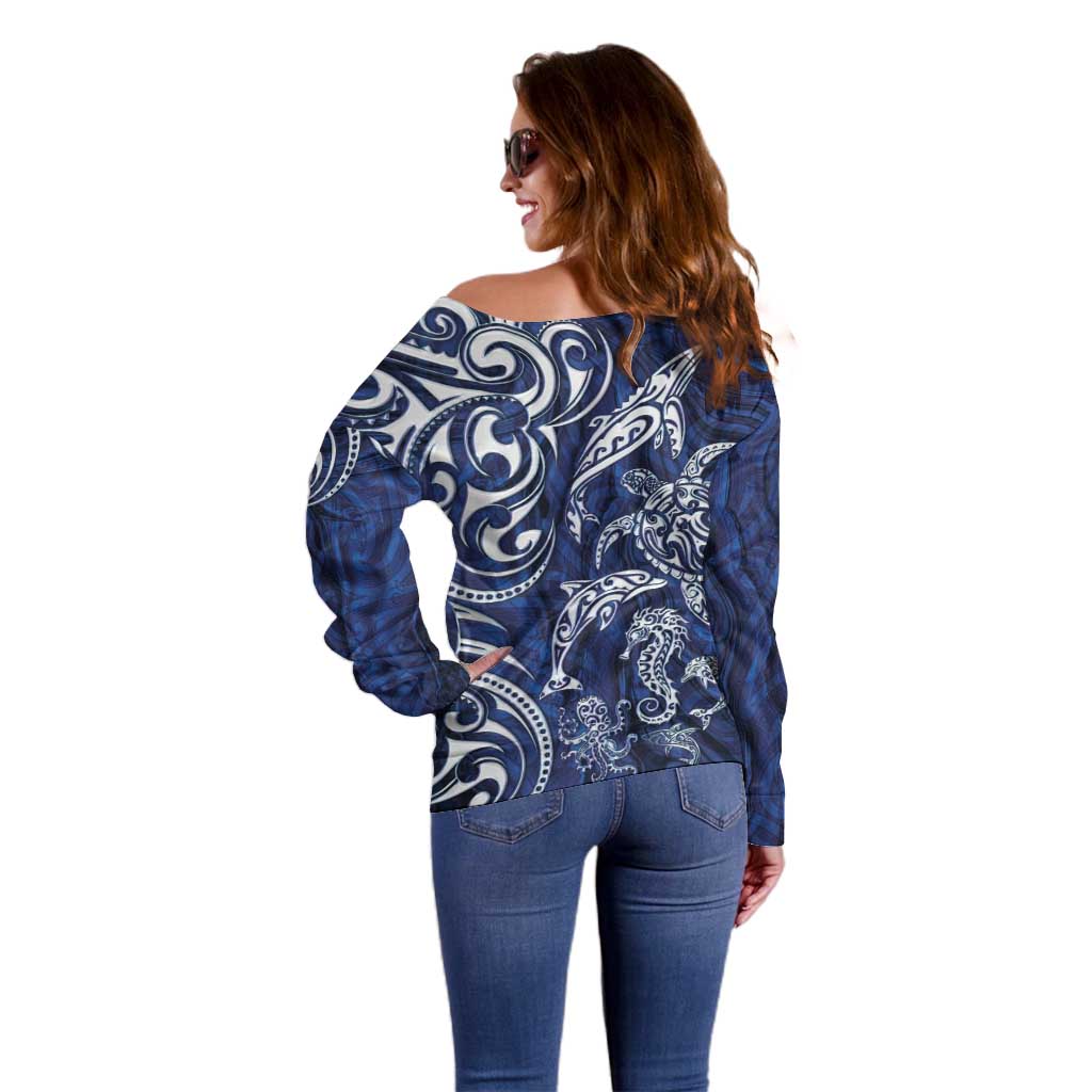 New Zealand Connecting with Seas Off Shoulder Sweater Maori Tribal and Sea Animals Tattoo - White Glass Style LT03 - Polynesian Pride