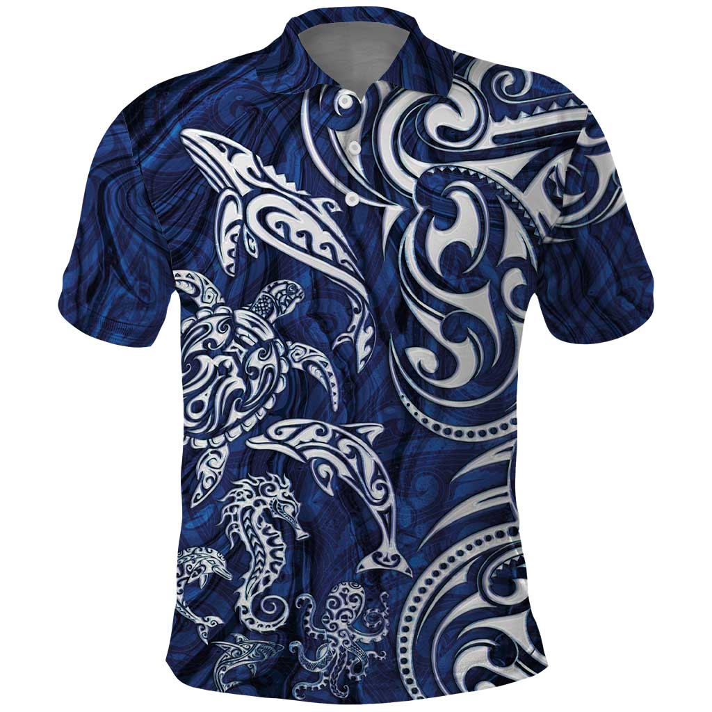 New Zealand Connecting with Seas Polo Shirt Maori Tribal and Sea Animals Tattoo - White Glass Style LT03 Navy - Polynesian Pride